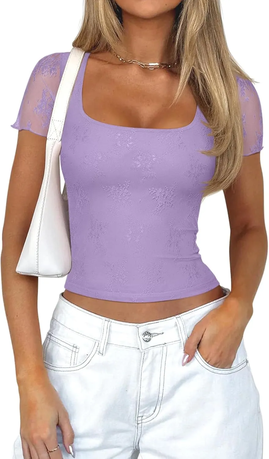 PINKMSTYLE Cute Lace Square Neck Tops for Women Trendy Double Lined Fitted Short Sleeve T Shirts Going Out Y2K Summer Outfits