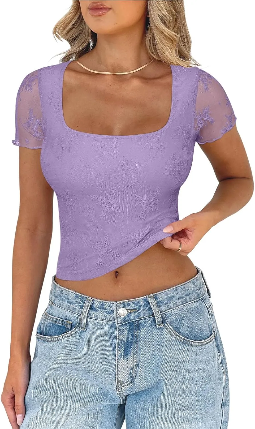 PINKMSTYLE Cute Lace Square Neck Tops for Women Trendy Double Lined Fitted Short Sleeve T Shirts Going Out Y2K Summer Outfits