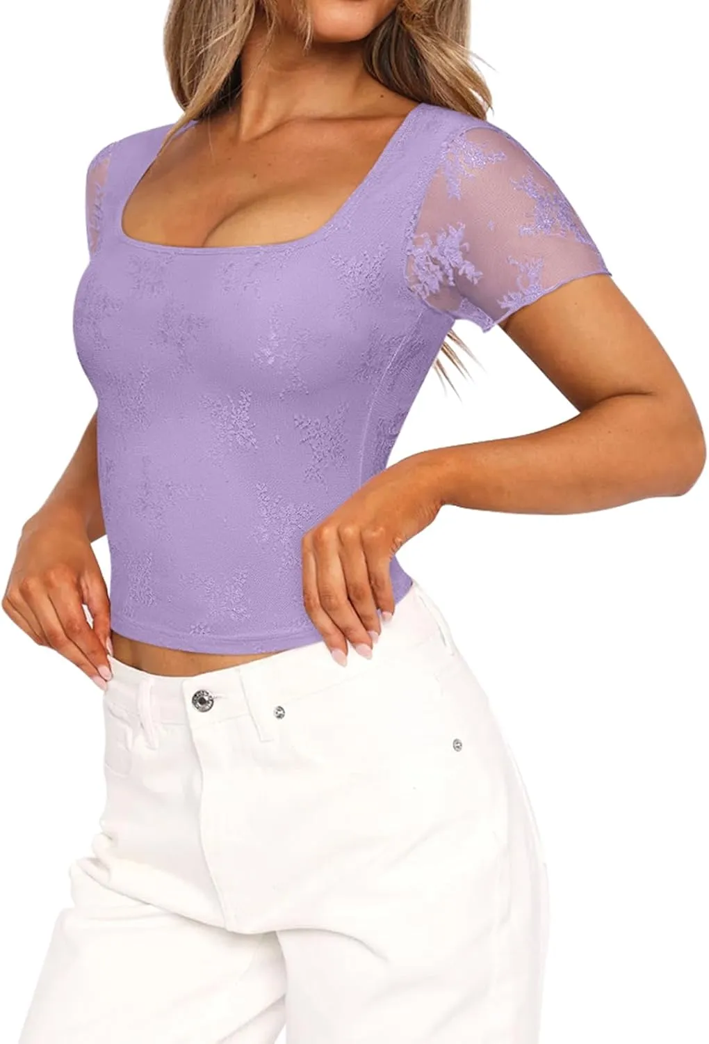 PINKMSTYLE Cute Lace Square Neck Tops for Women Trendy Double Lined Fitted Short Sleeve T Shirts Going Out Y2K Summer Outfits