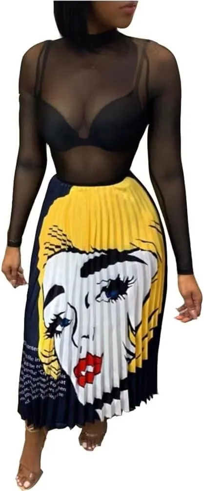 Pleated Skirt for Women Fashion Cartoon Print A-Line Skirt Vintage Skirts