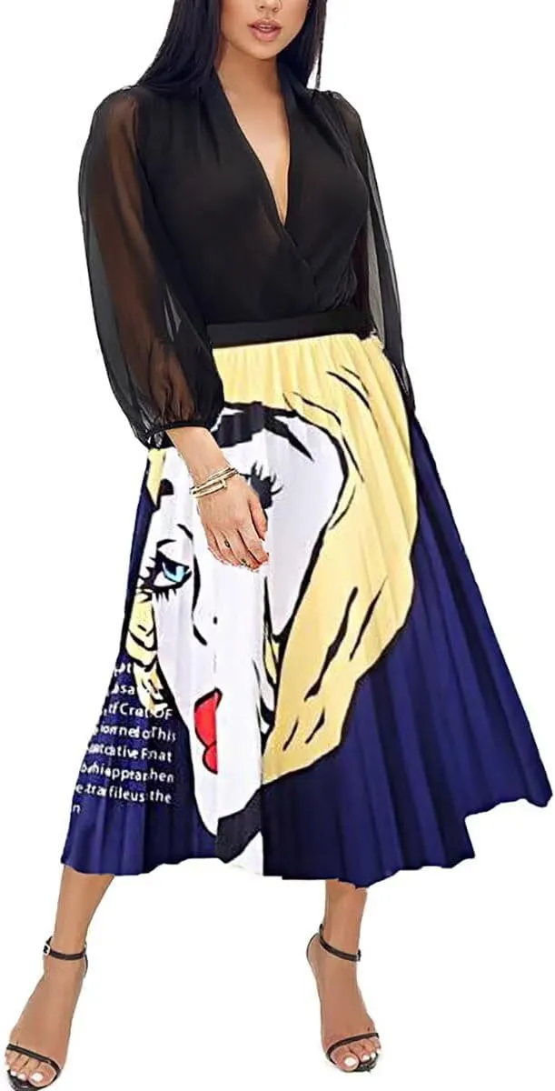Pleated Skirt for Women Fashion Cartoon Print A-Line Skirt Vintage Skirts