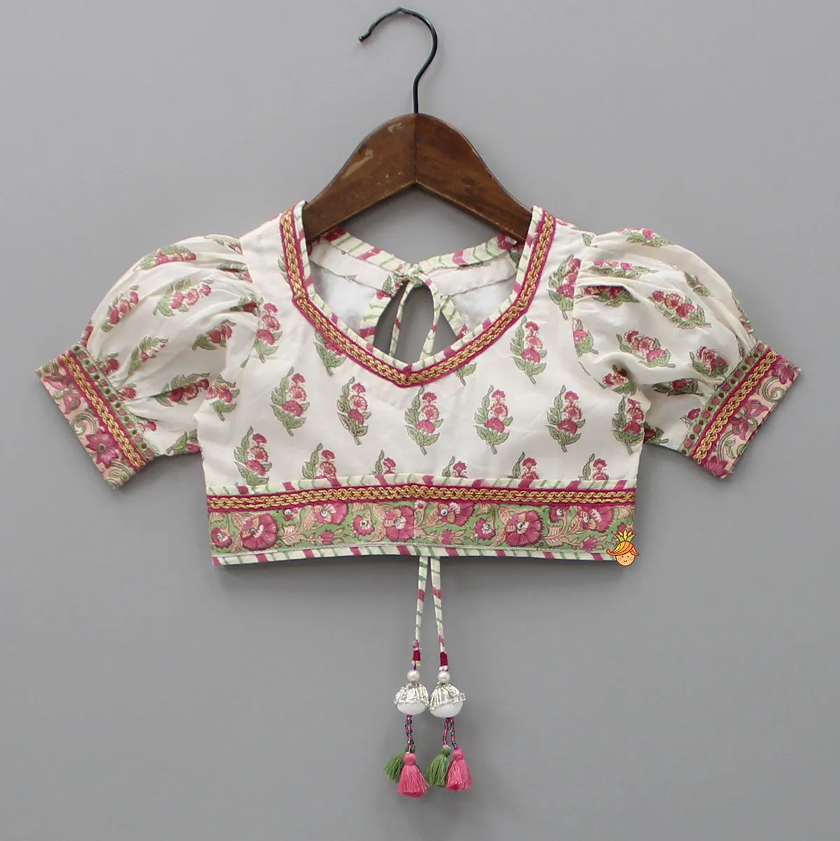 Pre Order: Floral Printed Crop Top and Saree Styled Lehenga With Attached Dupatta