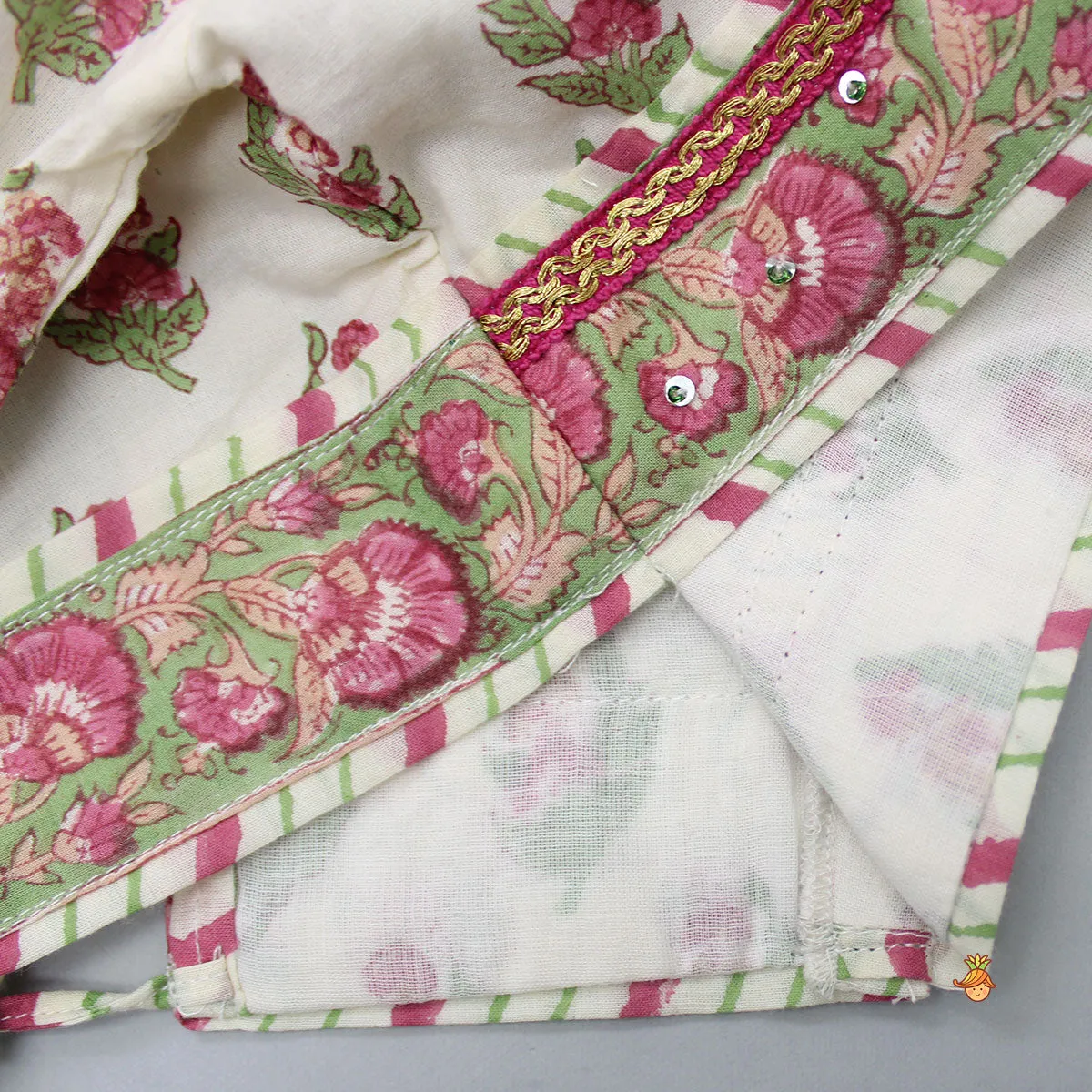 Pre Order: Floral Printed Crop Top and Saree Styled Lehenga With Attached Dupatta