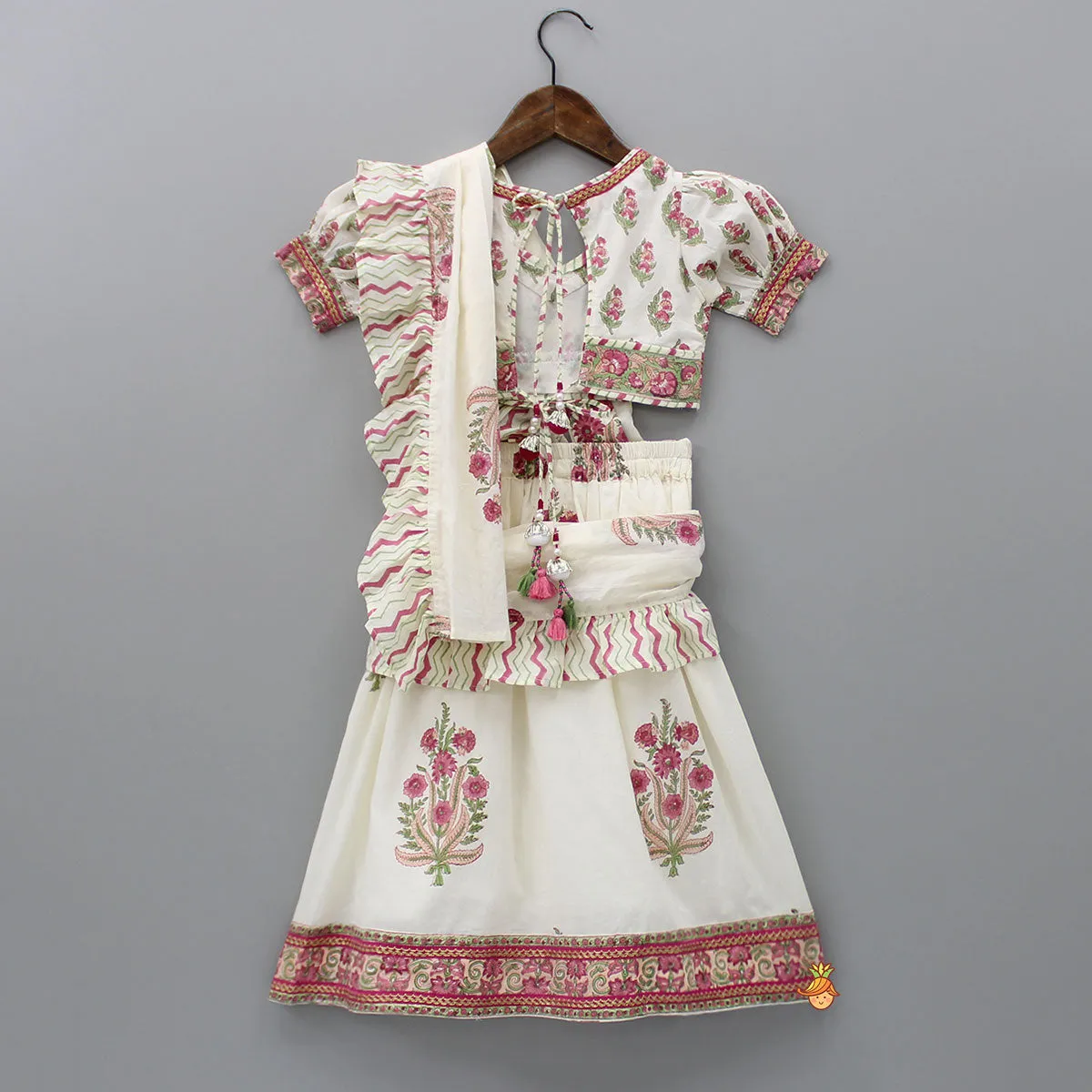 Pre Order: Floral Printed Crop Top and Saree Styled Lehenga With Attached Dupatta