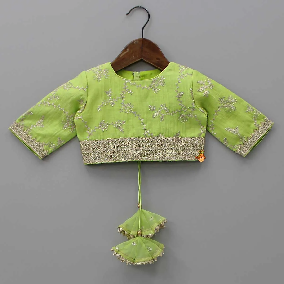 Pre Order: Green Embroidered Lacework Top With Lehenga And Attached Dupatta