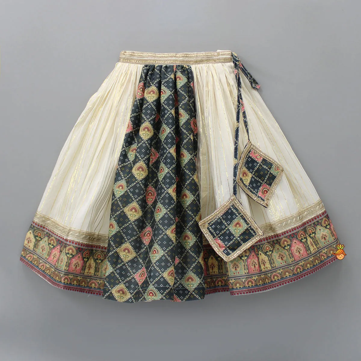 Pre Order: V Neck Lurex Striped Lace Work Ivory Top And Tassels Enhanced Lehenga With Matching Dupatta