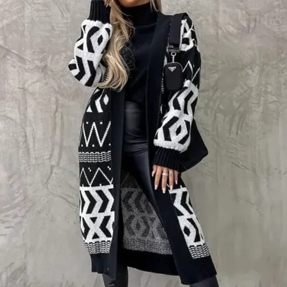 Print Long Sleeve Button Knitted Cardigan