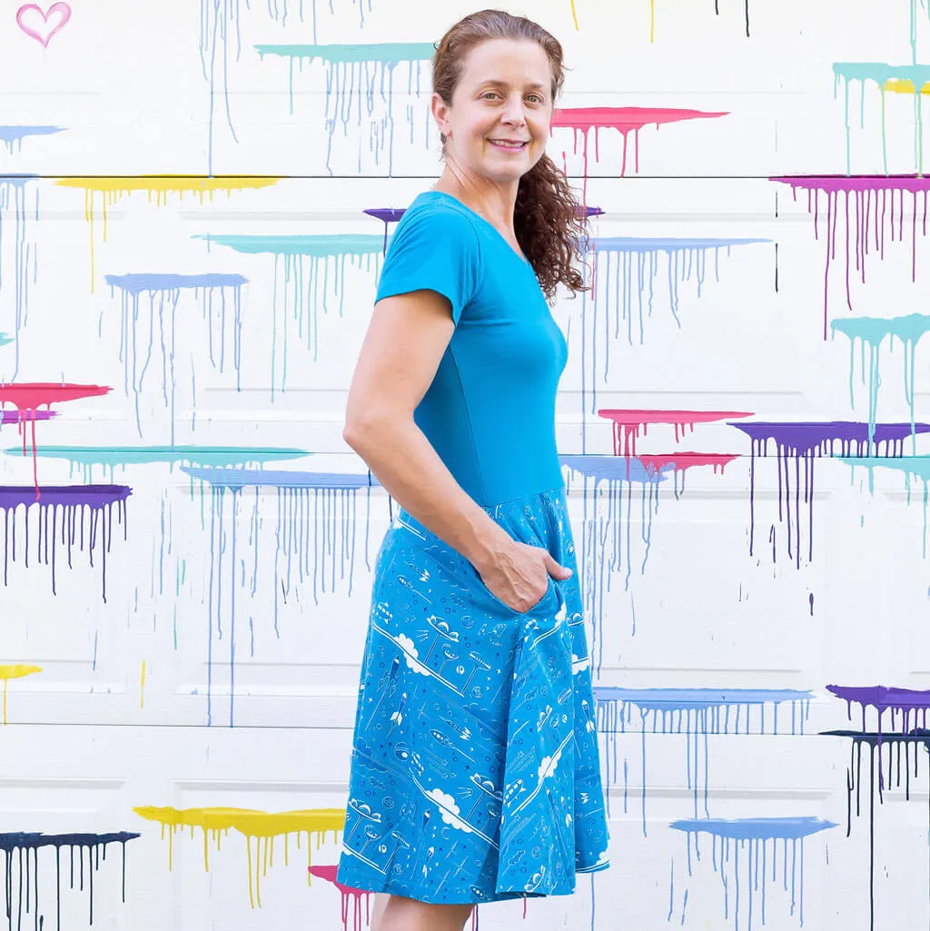 "Future Frontiers" Adult Galactic Cities A-Line Dress with Pockets