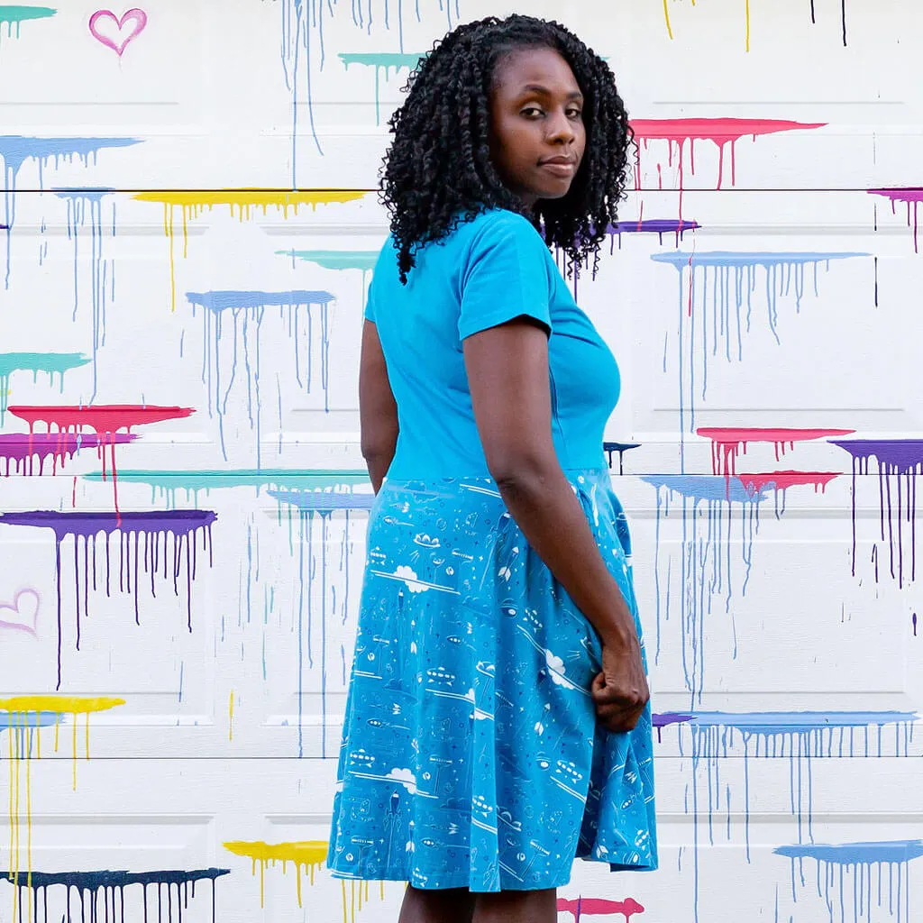 "Future Frontiers" Adult Galactic Cities A-Line Dress with Pockets