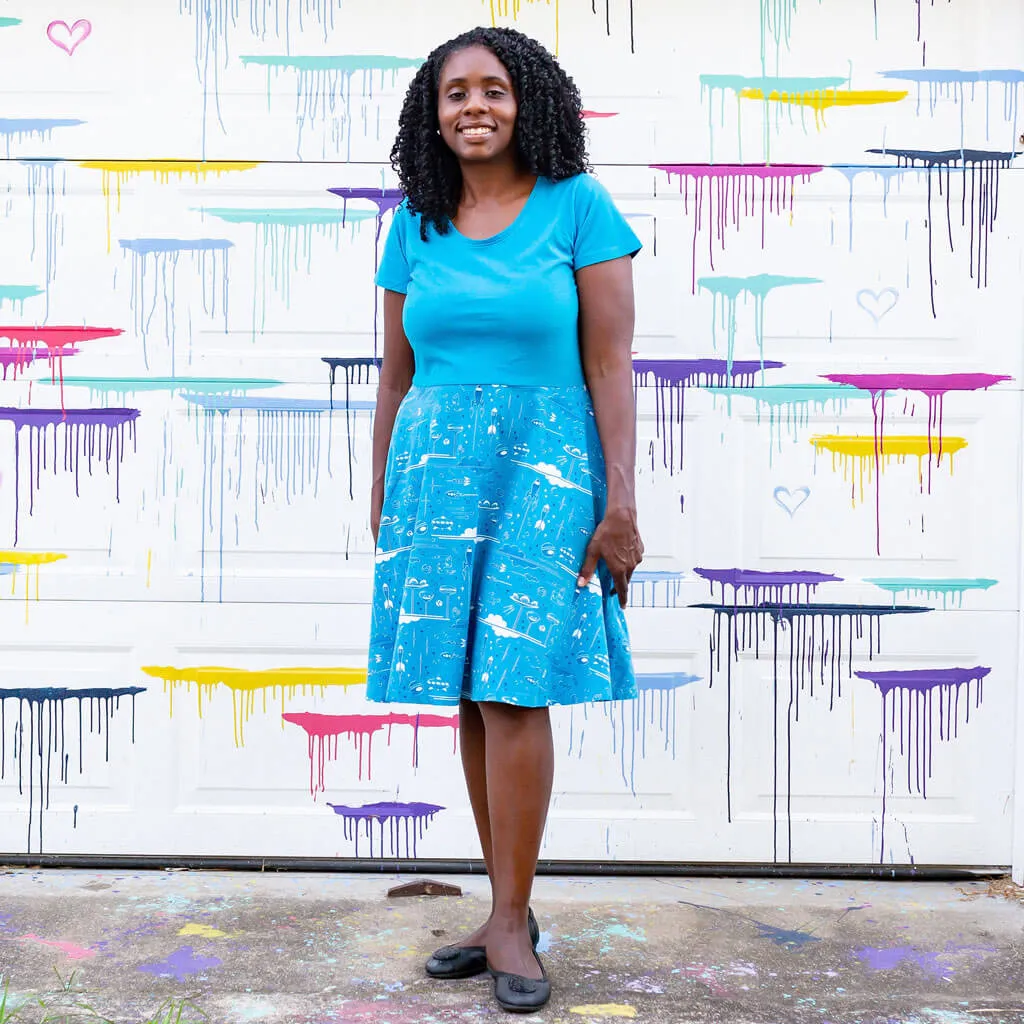 "Future Frontiers" Adult Galactic Cities A-Line Dress with Pockets