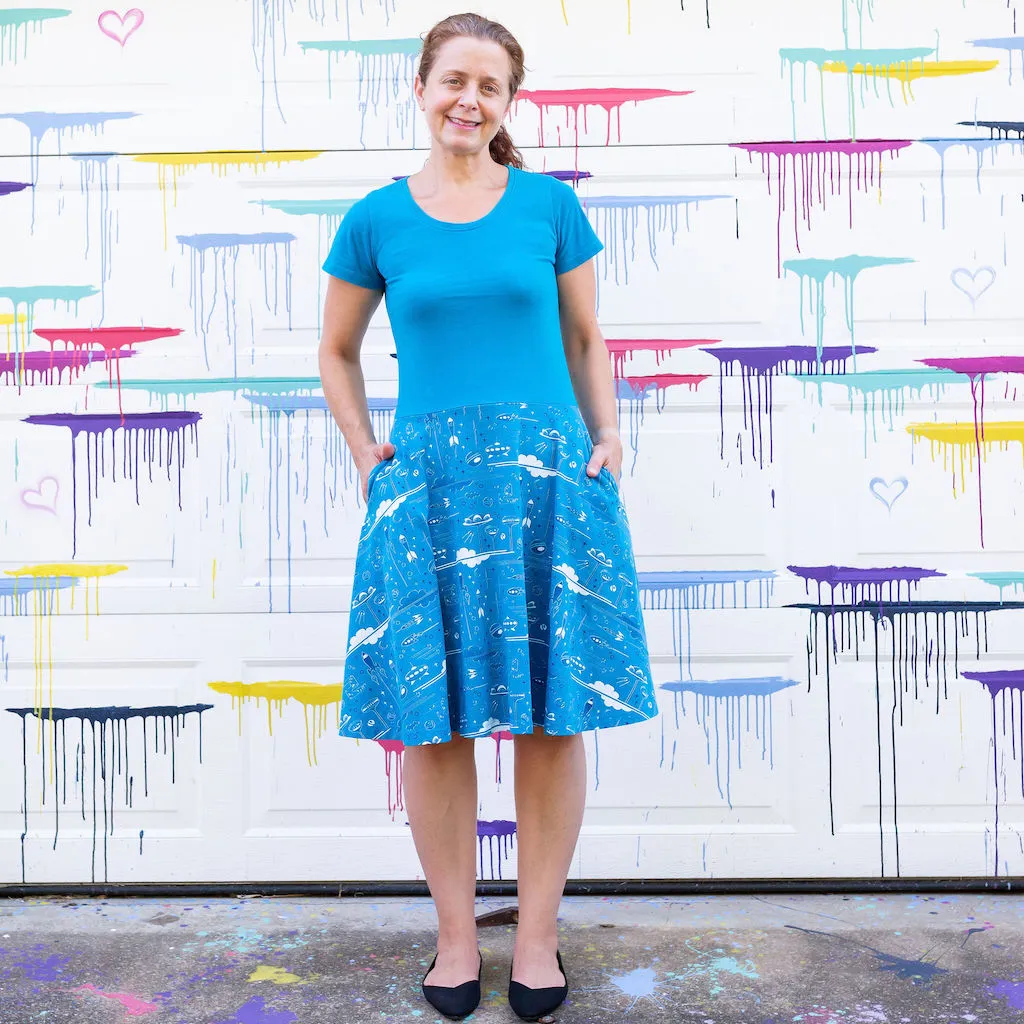 "Future Frontiers" Adult Galactic Cities A-Line Dress with Pockets