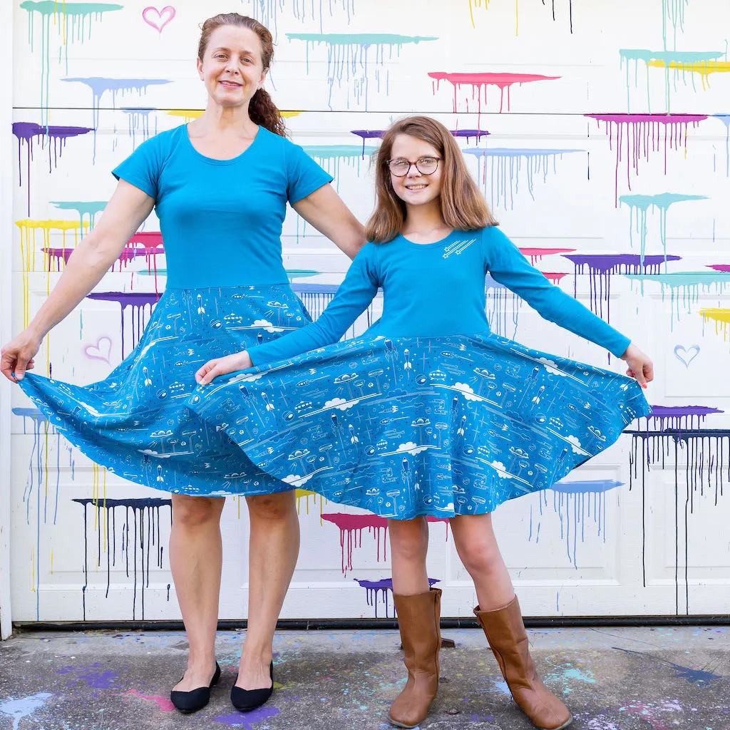 "Future Frontiers" Adult Galactic Cities A-Line Dress with Pockets