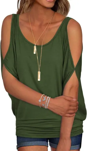 RANPHEE Womens Summer Cold Shoulder Tops Casual Scoop Neck Loose Fit T Shirt