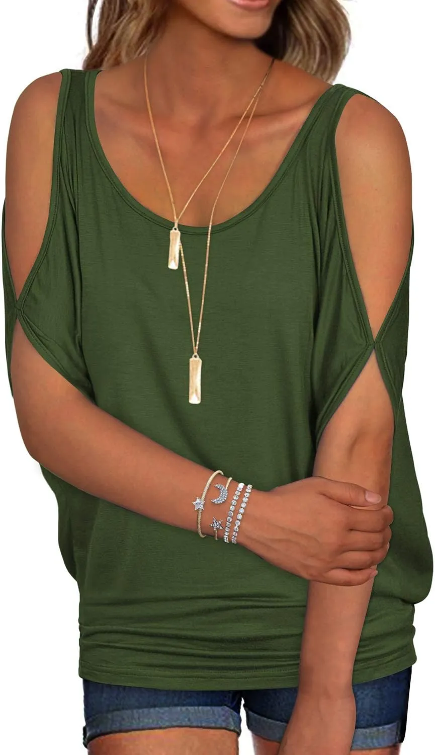 RANPHEE Womens Summer Cold Shoulder Tops Casual Scoop Neck Loose Fit T Shirt