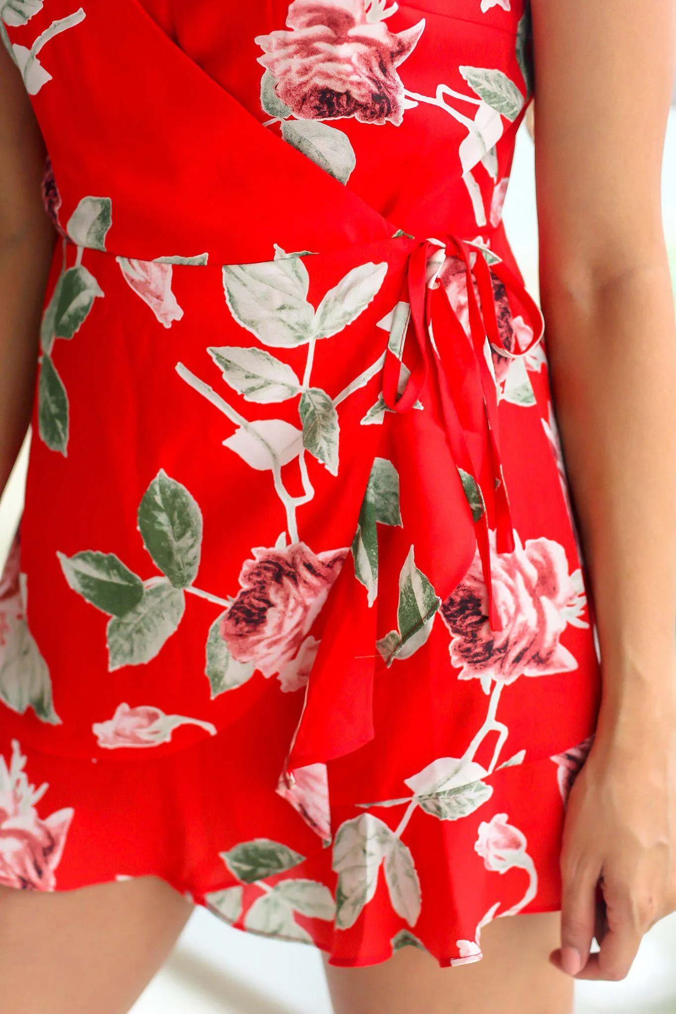 Red Floral Romper with Ruffle Detail