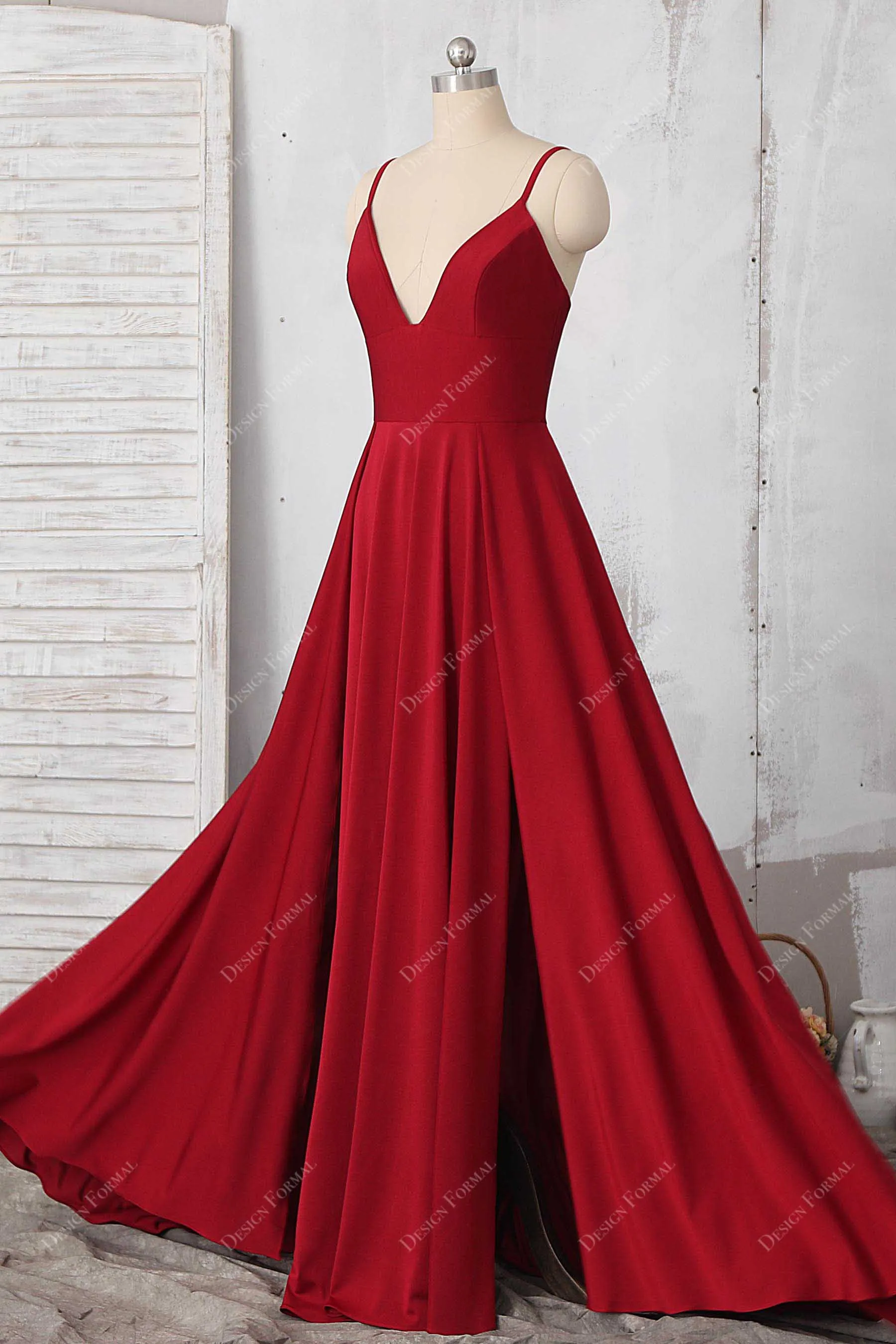 Red Jersey Spaghetti Straps Plunging Side Slit Simple Long Dress