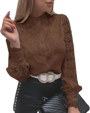 Rooscier Women's Lace Crochet Mock Neck Long Sleeve Button Elegant Blouse Shirt Top