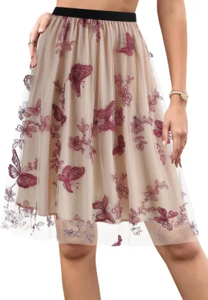Segreto Women's 3D Butterfly A Line Knee Length Skirts Mesh Flared Umbrella Skirt High Waist Double Layered Dress