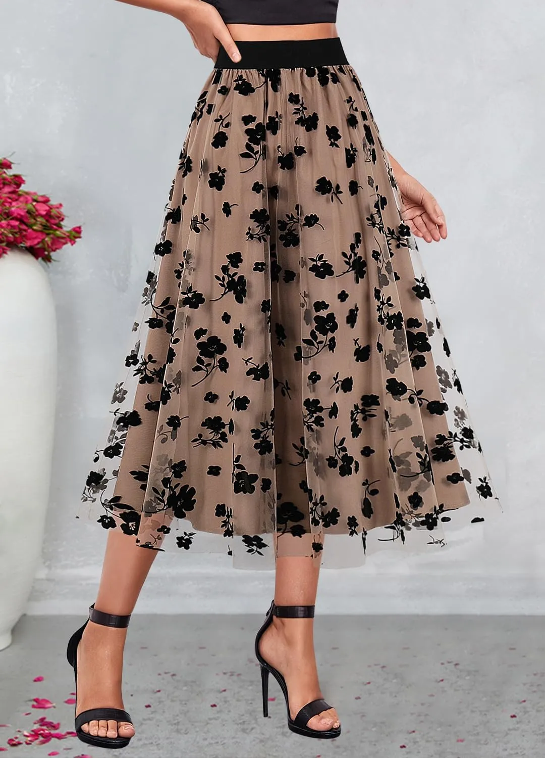 Segreto Women's Floral A Line Maxi Skirts Mesh Flared Umbrella Skirt High Waist Double Layered Dress