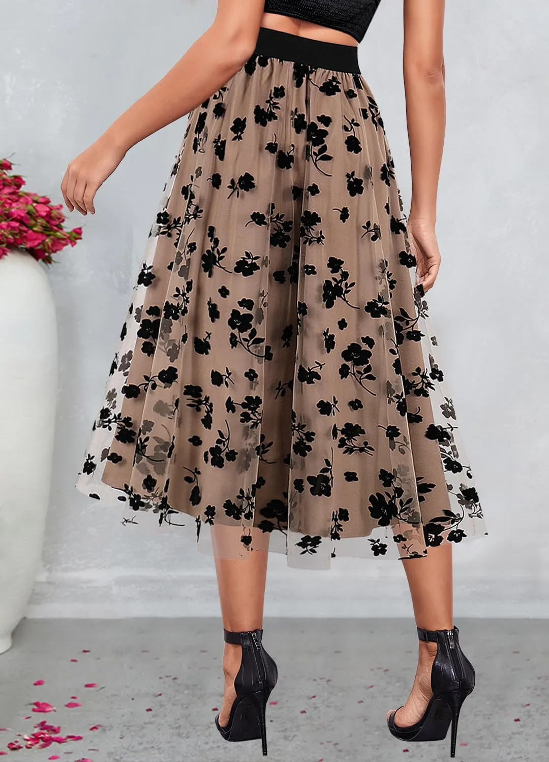 Segreto Women's Floral A Line Maxi Skirts Mesh Flared Umbrella Skirt High Waist Double Layered Dress