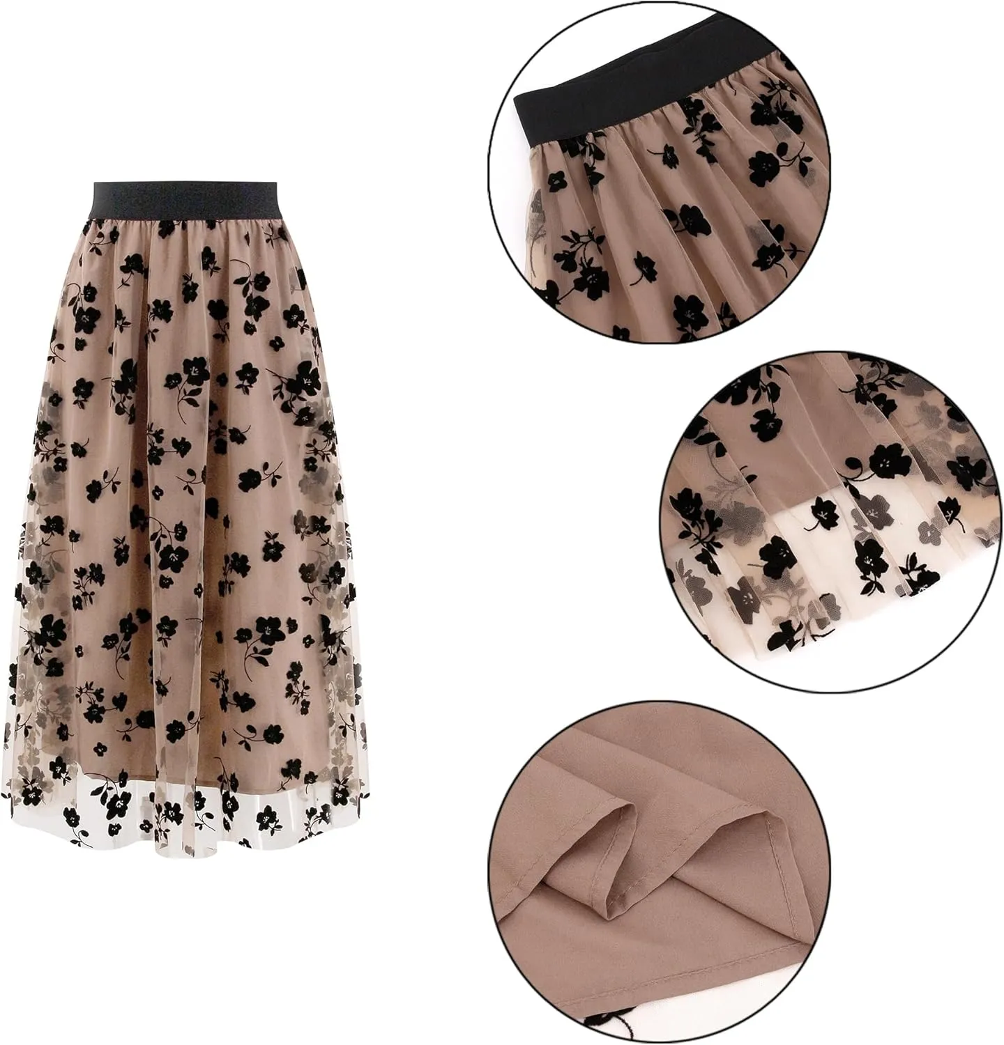 Segreto Women's Floral A Line Maxi Skirts Mesh Flared Umbrella Skirt High Waist Double Layered Dress