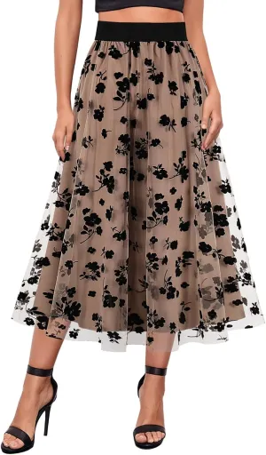 Segreto Women's Floral A Line Maxi Skirts Mesh Flared Umbrella Skirt High Waist Double Layered Dress