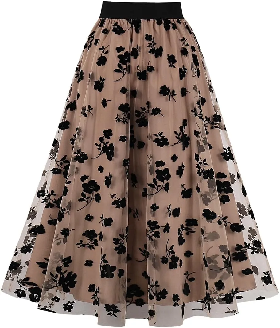 Segreto Women's Floral A Line Maxi Skirts Mesh Flared Umbrella Skirt High Waist Double Layered Dress
