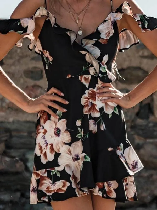 Sexy V-neck Sling Print Mini Dress