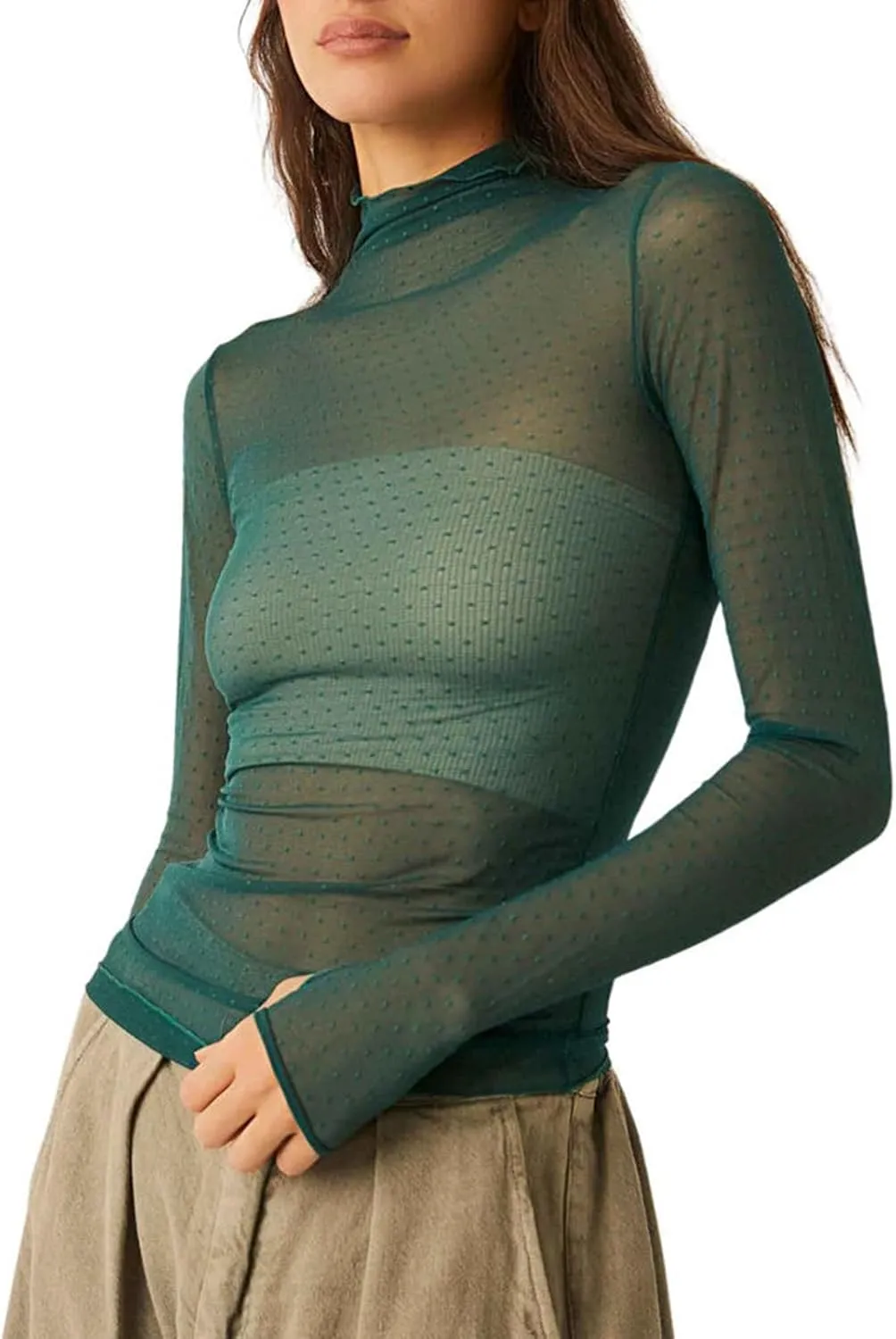 Sheer Mesh Long Sleeve Layering Top for Women Mock Neck Floral Lace Tshirt See Through Tee Shirt Blouse