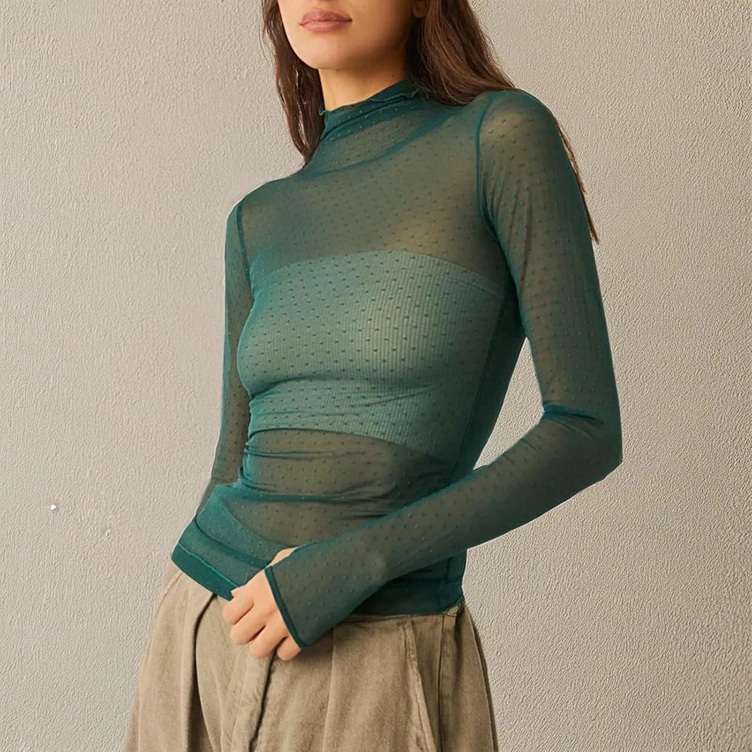 Sheer Mesh Long Sleeve Layering Top for Women Mock Neck Floral Lace Tshirt See Through Tee Shirt Blouse