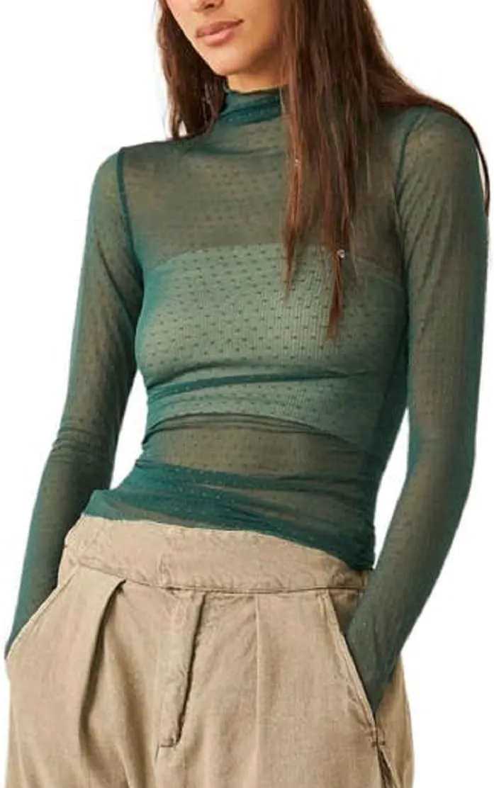 Sheer Mesh Long Sleeve Layering Top for Women Mock Neck Floral Lace Tshirt See Through Tee Shirt Blouse