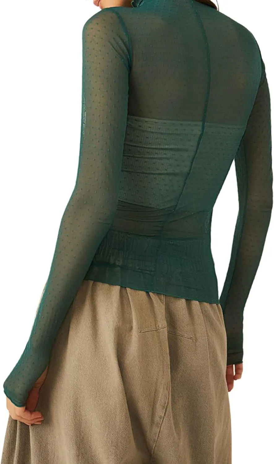 Sheer Mesh Long Sleeve Layering Top for Women Mock Neck Floral Lace Tshirt See Through Tee Shirt Blouse