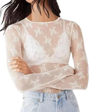 Sheer Mesh Long Sleeve Layering Tops for Women Crew Neck Floral Lace Blouse Sexy See Through Going Out Shirts