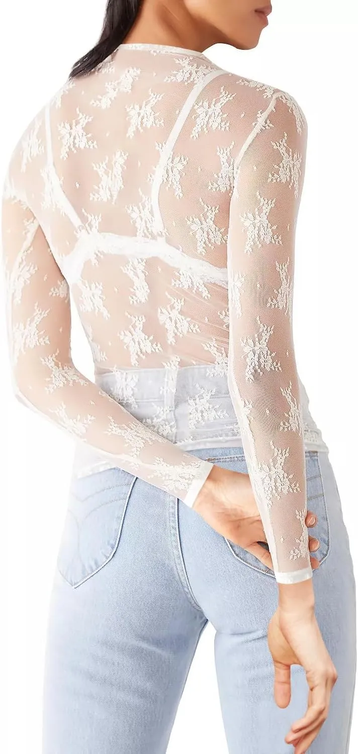 Sheer Mesh Long Sleeve Layering Tops for Women Crew Neck Floral Lace Blouse Sexy See Through Going Out Shirts