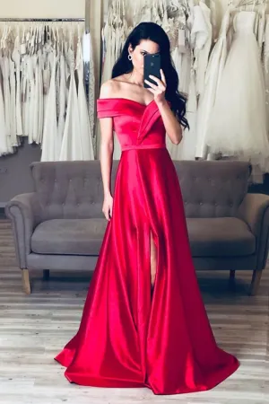 Simple Off Shoulder Red Satin Long Prom Dresses with Leg Slit, Off the Shoulder Formal Dresses, Red Evening Dresses