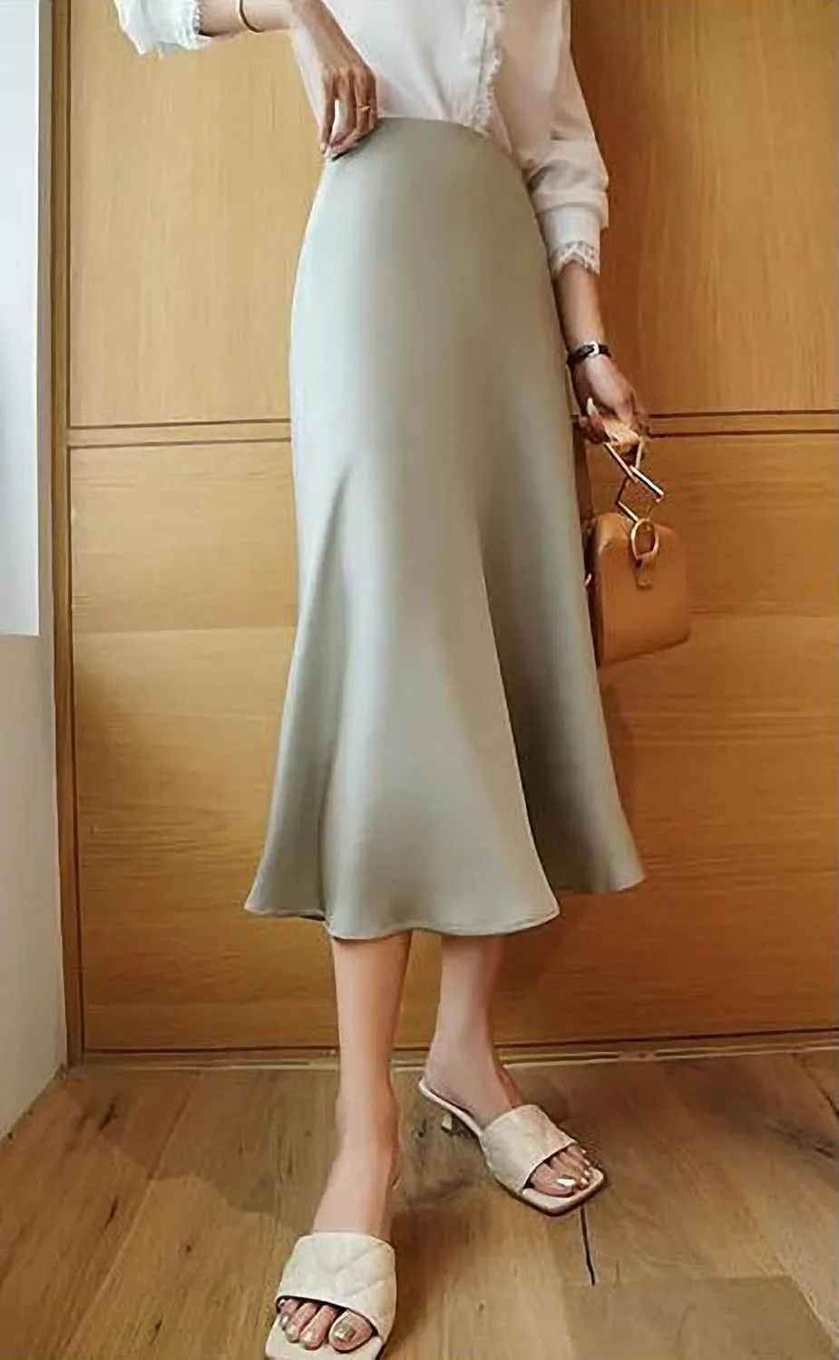 Simulation Silk Skirt Women's Summer High Waist Bag Hip Mid-Length Satin Umbrella Skirt Fishtail Skirt