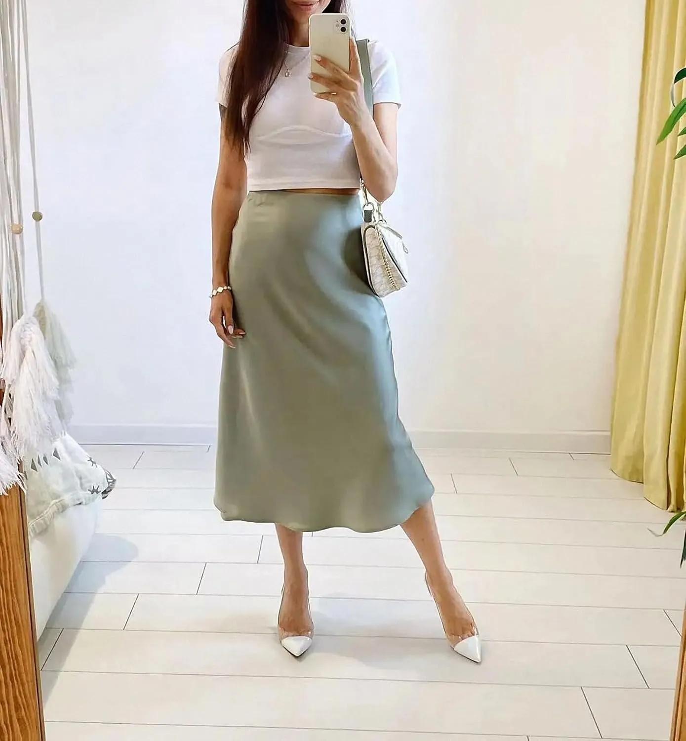 Simulation Silk Skirt Women's Summer High Waist Bag Hip Mid-Length Satin Umbrella Skirt Fishtail Skirt