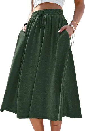 SOFIA'S CHOICE Women's A Line Pleated Drawstring Skirts Flared Midi Skirt with Pockets