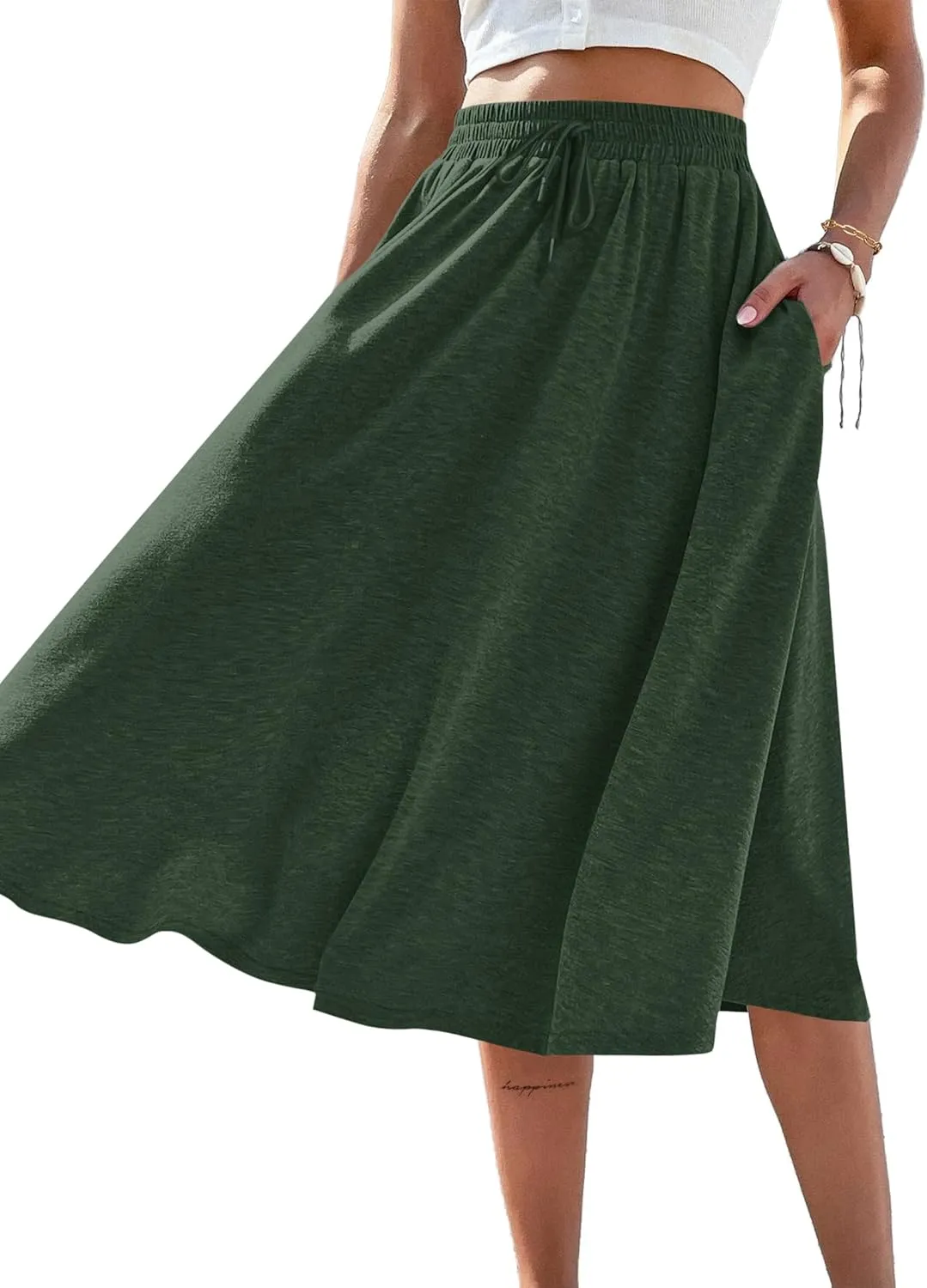 SOFIA'S CHOICE Women's A Line Pleated Drawstring Skirts Flared Midi Skirt with Pockets