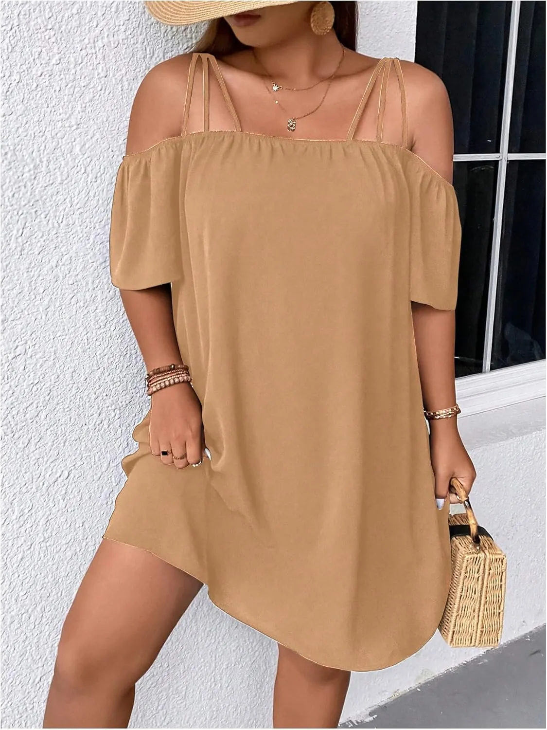 SOLY HUX Women's Plus Size Dresses Off Shoulder Short Sleeve Short Dresses Causal Loose Tunic Summer Dress