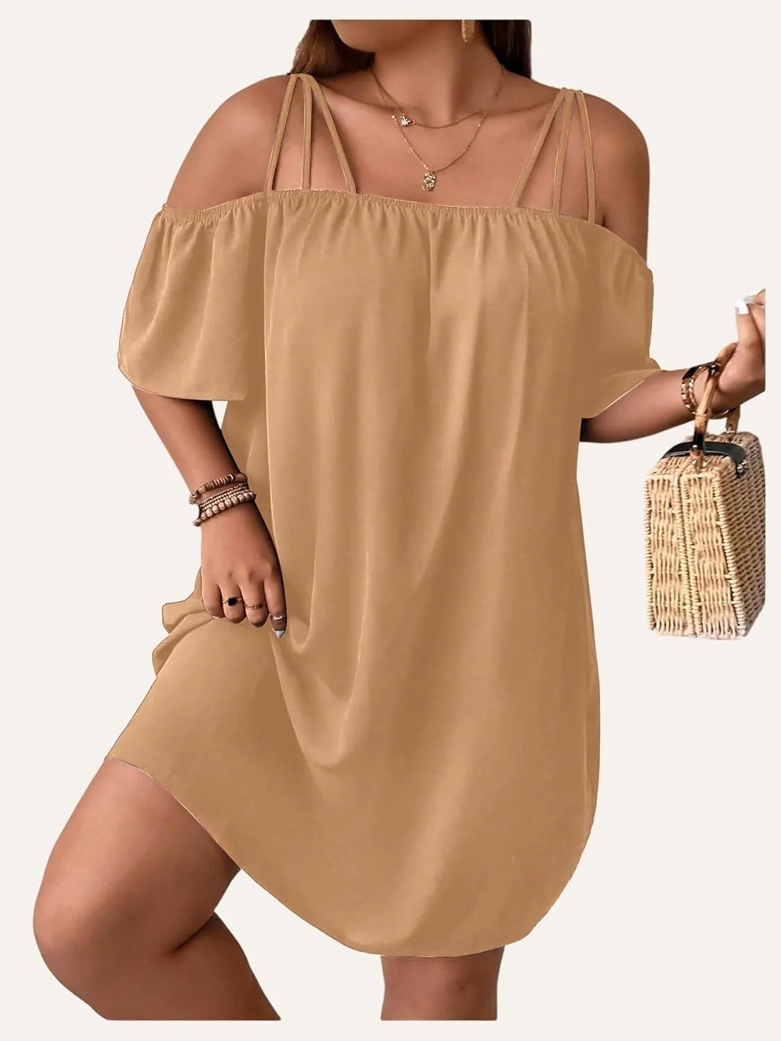 SOLY HUX Women's Plus Size Dresses Off Shoulder Short Sleeve Short Dresses Causal Loose Tunic Summer Dress