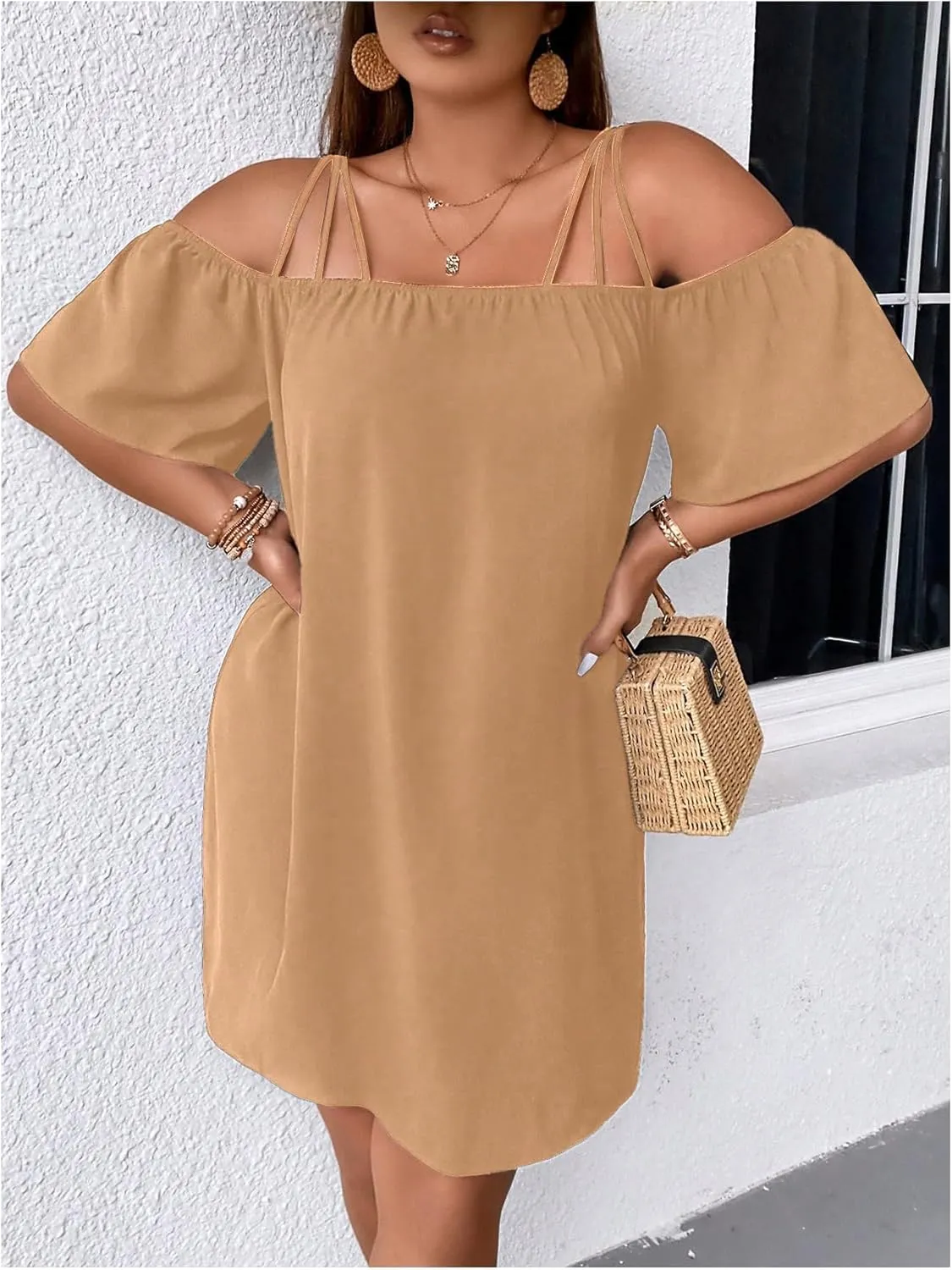 SOLY HUX Women's Plus Size Dresses Off Shoulder Short Sleeve Short Dresses Causal Loose Tunic Summer Dress