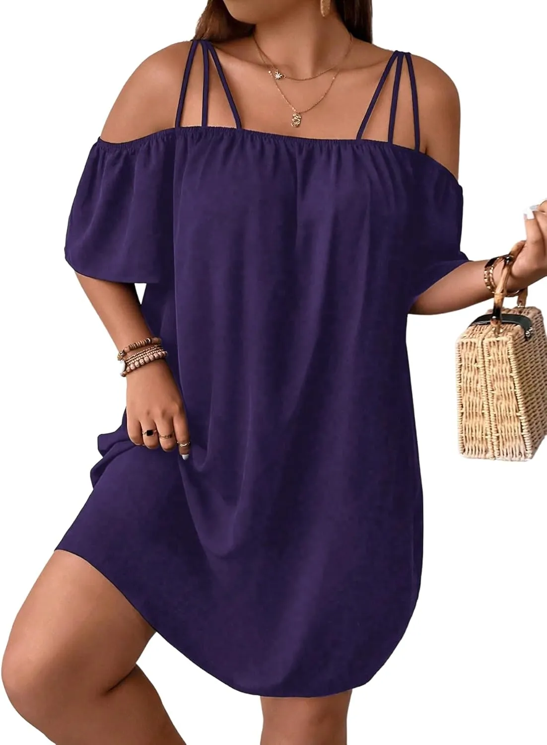 SOLY HUX Women's Plus Size Dresses Off Shoulder Short Sleeve Short Dresses Causal Loose Tunic Summer Dress