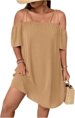 SOLY HUX Women's Plus Size Dresses Off Shoulder Short Sleeve Short Dresses Causal Loose Tunic Summer Dress