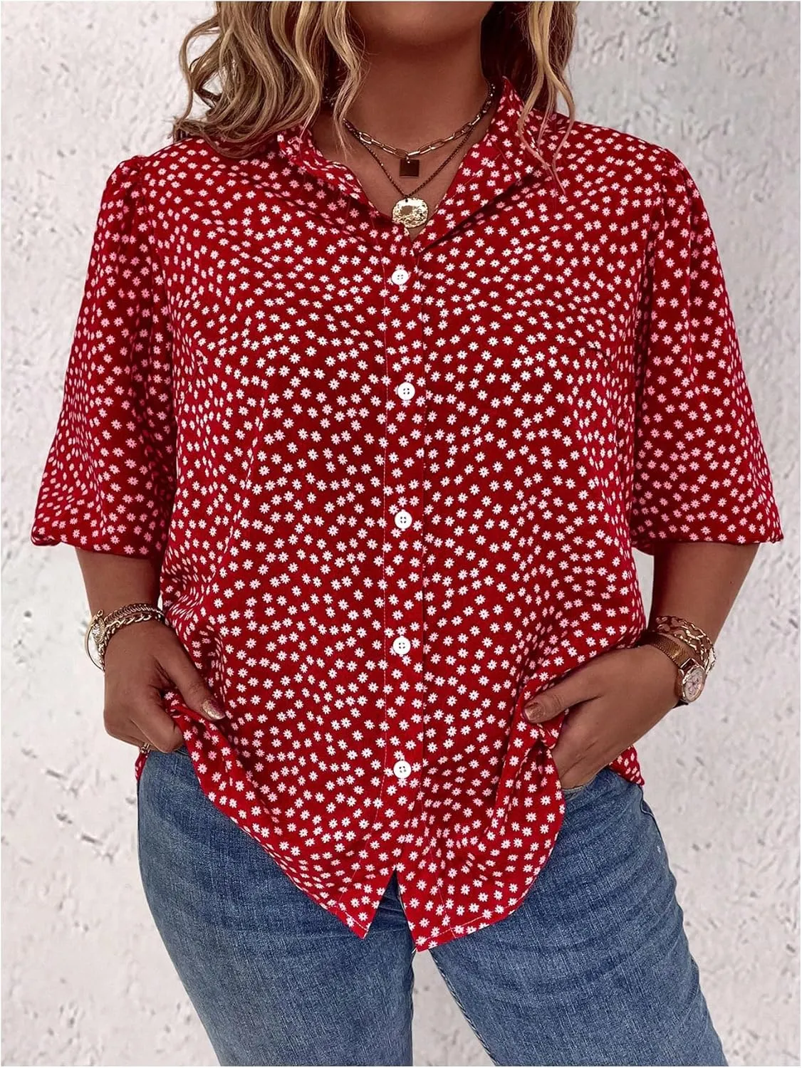 SOLY HUX Women's Plus Size Floral Print Tops Bishop Half Sleeve Button Down Shirt Blouse