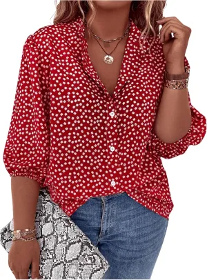 SOLY HUX Women's Plus Size Floral Print Tops Bishop Half Sleeve Button Down Shirt Blouse