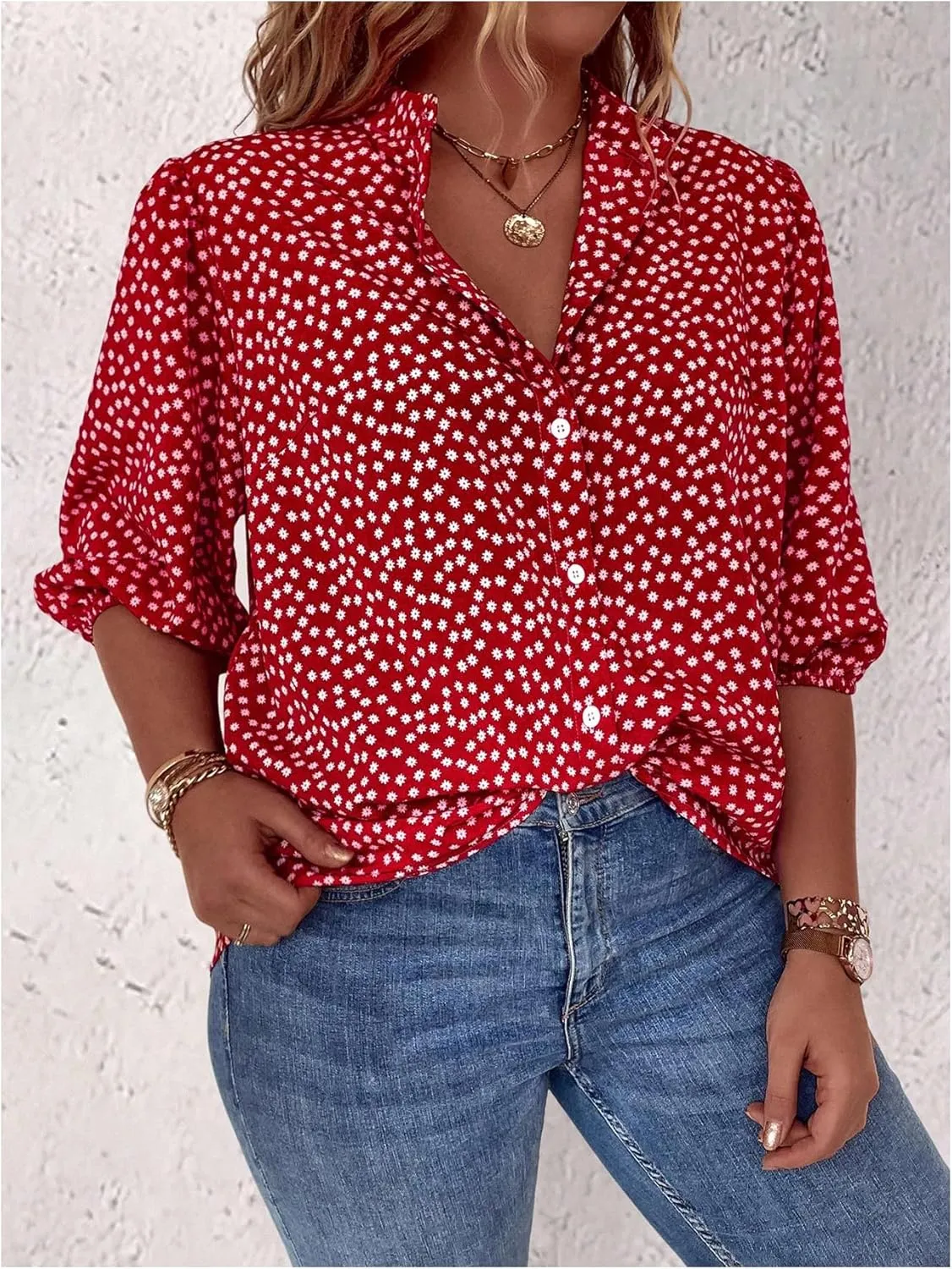 SOLY HUX Women's Plus Size Floral Print Tops Bishop Half Sleeve Button Down Shirt Blouse