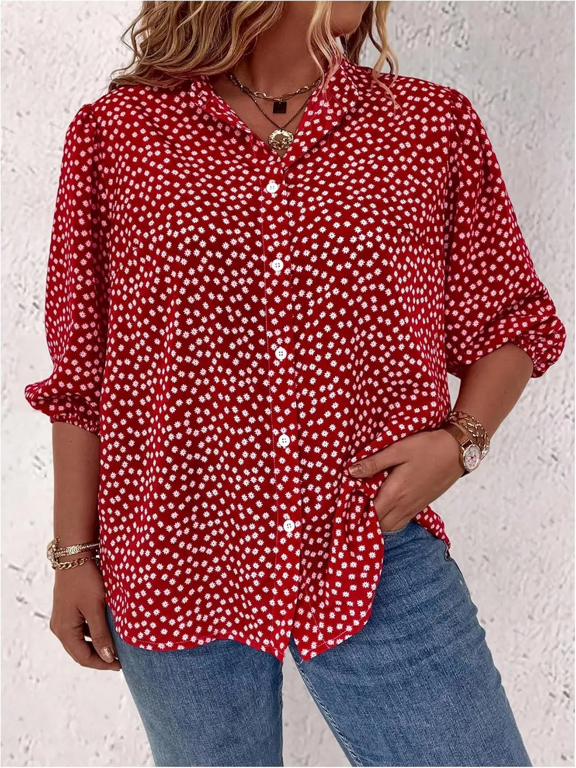 SOLY HUX Women's Plus Size Floral Print Tops Bishop Half Sleeve Button Down Shirt Blouse