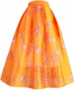Summer Women Floral Print High Waist Pleated Long Tulle Midi Skirt Pleated Umbrella Skirt
