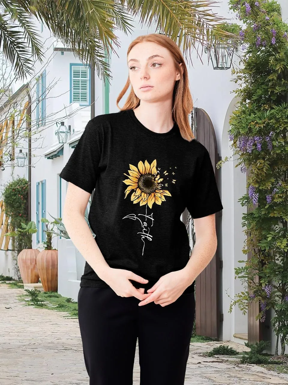 Sunflower Shirts for Women Faith Graphic Tees Short Sleeve Loose Fit Butterfly Teen Girls T Shirt Summer Tops